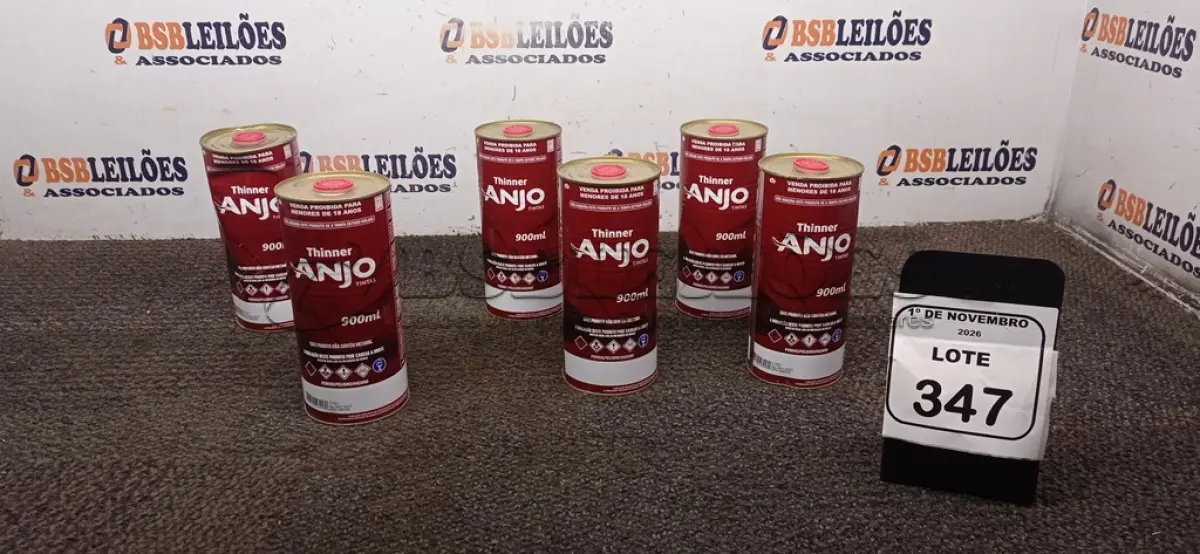 LOTE 347 - 06 LATAS DE TÍNER DE 900ML CADA MARCA ANJO TINTAS. (NO ESTADO) ATENÇÃO! FAZER A VISITAÇÃO ANTES DE ARREMATAR, NÃO SABEMOS SE FUNCIONA, LEILÃO NÃO TEM GARANTIA E NEM DEVOLUÇÃO, SUJEITO A POSSÍVEIS AVARIAS VISÍVEIS/OCULTAS E/OU AUSÊNCIA DE COMPONENTES.