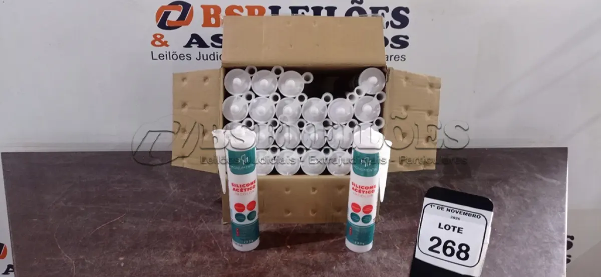 LOTE 268 - 24 UNIDADES DE SILICONE ACÉTICO INCOLOR DE 240G CADA MARCA MONUMENTAL. (NO ESTADO) ATENÇÃO! FAZER A VISITAÇÃO ANTES DE ARREMATAR, NÃO SABEMOS SE FUNCIONA, LEILÃO NÃO TEM GARANTIA E NEM DEVOLUÇÃO, SUJEITO A POSSÍVEIS AVARIAS VISÍVEIS/OCULTAS E/OU AUSÊNCIA DE COMPONENTES.