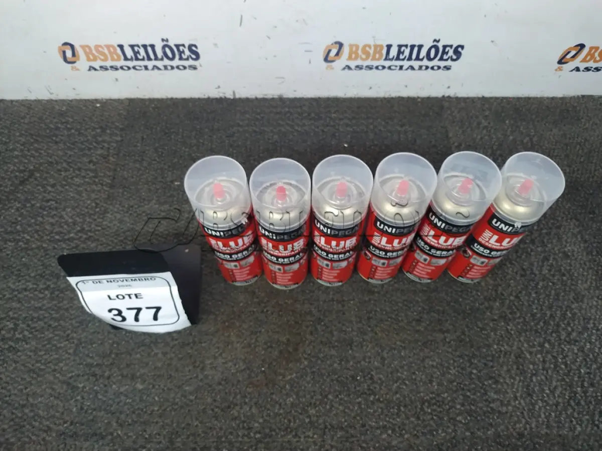 LOTE 377 - 06 LATAS DE DESENGRIPANTE LUBRIFICANTE DE USO GERAL DE 300ML CADA MARCA UNIPEGA. (NO ESTADO) ATENÇÃO! FAZER A VISITAÇÃO ANTES DE ARREMATAR, NÃO SABEMOS SE FUNCIONA, LEILÃO NÃO TEM GARANTIA E NEM DEVOLUÇÃO, SUJEITO A POSSÍVEIS AVARIAS VISÍVEIS/OCULTAS E/OU AUSÊNCIA DE COMPONENTES.