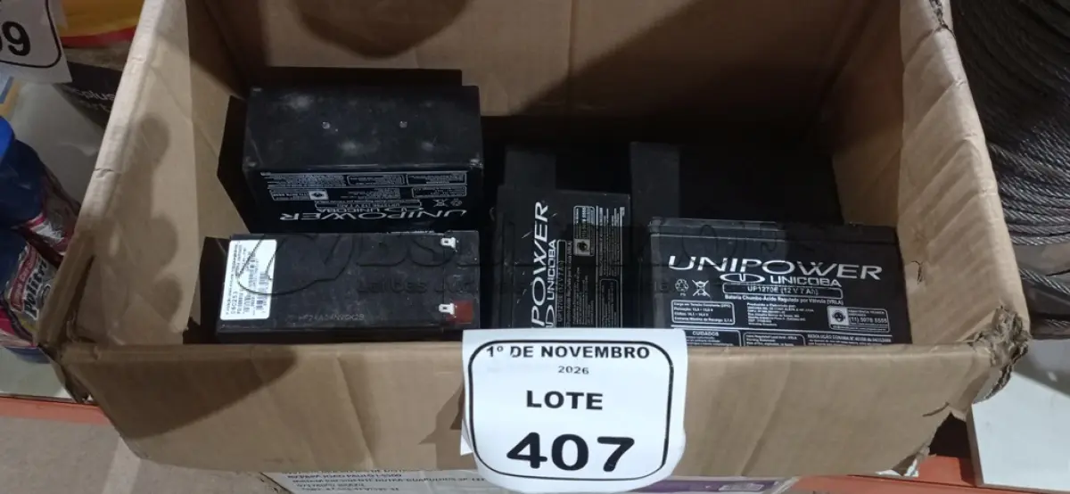 LOTE 407 - 01 LOTE COM VÁRIAS BATERIAS DE NOBREAK. (NO ESTADO) ATENÇÃO! FAZER A VISITAÇÃO ANTES DE ARREMATAR, NÃO SABEMOS SE FUNCIONA, LEILÃO NÃO TEM GARANTIA E NEM DEVOLUÇÃO, SUJEITO A POSSÍVEIS AVARIAS VISÍVEIS/OCULTAS E/OU AUSÊNCIA DE COMPONENTES.
