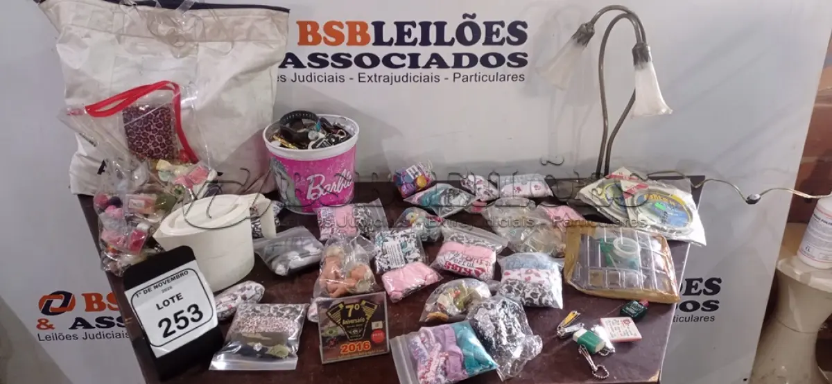 LOTE 253 - 01 LUMINÁRIA DECORATIVA, VÁRIOS ITENS DE PESCA E GRANDE QUANTIDADE DE BROCHES, MEDALHAS, CHAVEIROS E ROUPAS INTIMAS FEMININAS. (NO ESTADO) ATENÇÃO! FAZER A VISITAÇÃO ANTES DE ARREMATAR, NÃO SABEMOS SE FUNCIONA, LEILÃO NÃO TEM GARANTIA E NEM DEVOLUÇÃO, SUJEITO A POSSÍVEIS AVARIAS VISÍVEIS/OCULTAS E/OU AUSÊNCIA DE COMPONENTES.