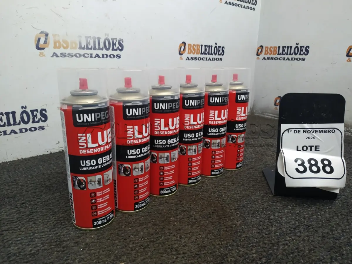 LOTE 388 - 06 LATAS DE DESENGRIPANTE LUBRIFICANTE DE USO GERAL DE 300ML CADA MARCA UNIPEGA. (NO ESTADO) ATENÇÃO! FAZER A VISITAÇÃO ANTES DE ARREMATAR, NÃO SABEMOS SE FUNCIONA, LEILÃO NÃO TEM GARANTIA E NEM DEVOLUÇÃO, SUJEITO A POSSÍVEIS AVARIAS VISÍVEIS/OCULTAS E/OU AUSÊNCIA DE COMPONENTES.