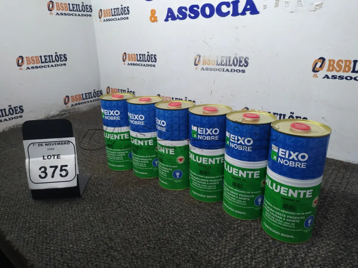 LOTE 375 - 06 LATAS DE DILUENTE THINNER 16 DE 900ML CADA MARCA EIXO NOBRE. (NO ESTADO) ATENÇÃO! FAZER A VISITAÇÃO ANTES DE ARREMATAR, NÃO SABEMOS SE FUNCIONA, LEILÃO NÃO TEM GARANTIA E NEM DEVOLUÇÃO, SUJEITO A POSSÍVEIS AVARIAS VISÍVEIS/OCULTAS E/OU AUSÊNCIA DE COMPONENTES.