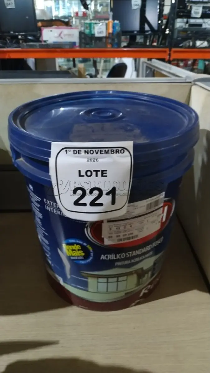 LOTE 221 - 01 BALDE DE TINTA ACRÍLICA STANDARD NA COR CHOCOLATE FOSCO DE 18L MARCA DUCRYL. (NO ESTADO) ATENÇÃO! FAZER A VISITAÇÃO ANTES DE ARREMATAR, NÃO SABEMOS SE FUNCIONA, LEILÃO NÃO TEM GARANTIA E NEM DEVOLUÇÃO, SUJEITO A POSSÍVEIS AVARIAS VISÍVEIS/OCULTAS E/OU AUSÊNCIA DE COMPONENTES.