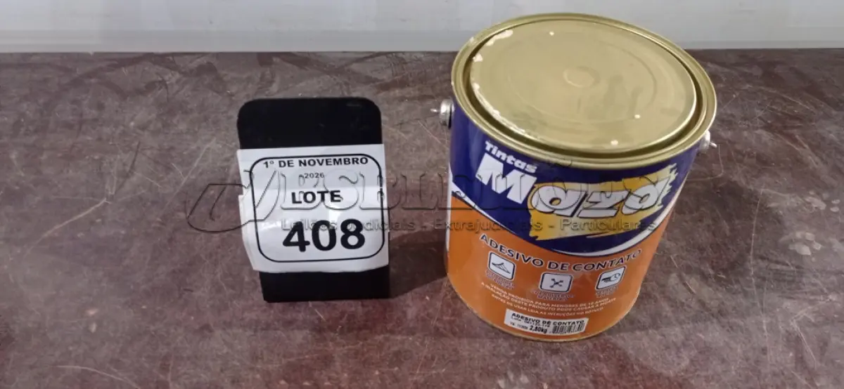LOTE 408 - 01 LATA DE ADESIVO DE CONTATO DE 2,80KG CADA MARCA MAZA. (NO ESTADO) ATENÇÃO! FAZER A VISITAÇÃO ANTES DE ARREMATAR, NÃO SABEMOS SE FUNCIONA, LEILÃO NÃO TEM GARANTIA E NEM DEVOLUÇÃO, SUJEITO A POSSÍVEIS AVARIAS VISÍVEIS/OCULTAS E/OU AUSÊNCIA DE COMPONENTES.