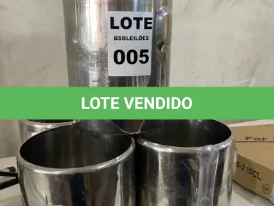 LOTE 005 - 05 BALDES EM INOX PARA ARMAZENAR SORVETE (CARAPINAS) E 01 ESPATULA. (NO ESTADO)