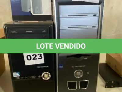 LOTE 023 - 02 CPU’S, TAMANHOS DIVERSOS, 01 FONTE ESTABILIZADORA E 02 CONJUNTOS DE CAIXA DE SOM PARA COMPUTADOR. (NO ESTADO)