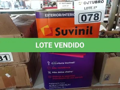 LOTE 078 - 01 LATA DE TINTA SUVINIL EXTERIORES/INTERIORES 18L NA COR FOSCO BRANCO NEVE. (NO ESTADO) ATENÇÃO! FAZER A VISITAÇÃO ANTES DE ARREMATAR, NÃO SABEMOS SE FUNCIONA. LEILÃO NÃO TEM GARANTIA E NEM DEVOLUÇÃO, SUJEITO A POSSÍVEIS AVARIAS VISÍVEIS/OCULTAS E/OU AUSÊNCIA DE COMPONENTES.
