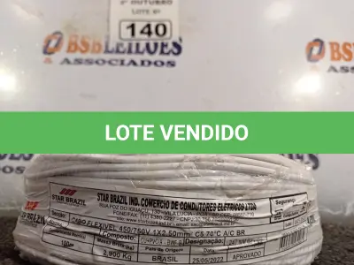 LOTE 140 - 01 ROLO DE CABO FLEXÍVEL 100M 2,5MM NA COR BRANCA. (NO ESTADO) ATENÇÃO! FAZER A VISITAÇÃO ANTES DE ARREMATAR, NÃO SABEMOS SE FUNCIONA. LEILÃO NÃO TEM GARANTIA E NEM DEVOLUÇÃO, SUJEITO A POSSÍVEIS AVARIAS VISÍVEIS/OCULTAS E/OU AUSÊNCIA DE COMPONENTES.
