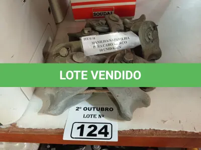 LOTE 124 - 10 MANILHAS/SAPATILHAS PARA CABO DE AÇO. (NO ESTADO) ATENÇÃO! FAZER A VISITAÇÃO ANTES DE ARREMATAR, NÃO SABEMOS SE FUNCIONA. LEILÃO NÃO TEM GARANTIA E NEM DEVOLUÇÃO, SUJEITO A POSSÍVEIS AVARIAS VISÍVEIS/OCULTAS E/OU AUSÊNCIA DE COMPONENTES.