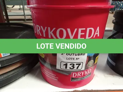 LOTE 137 - 01 BALDE DE DRYKOVEDA, ADITIVO IMPERMEABILIZANTE PARA ARGAMASSA E CONCRETO 18L. (NO ESTADO) ATENÇÃO! FAZER A VISITAÇÃO ANTES DE ARREMATAR, NÃO SABEMOS SE FUNCIONA. LEILÃO NÃO TEM GARANTIA E NEM DEVOLUÇÃO, SUJEITO A POSSÍVEIS AVARIAS VISÍVEIS/OCULTAS E/OU AUSÊNCIA DE COMPONENTES.