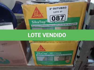 LOTE 087 - 02 CAIXAS DE SIKA TOP 107 CINZA, ARGAMASSA POLIMÉRICA DE ALTO DESEMPENHO. (NO ESTADO) ATENÇÃO! FAZER A VISITAÇÃO ANTES DE ARREMATAR, NÃO SABEMOS SE FUNCIONA. LEILÃO NÃO TEM GARANTIA E NEM DEVOLUÇÃO, SUJEITO A POSSÍVEIS AVARIAS VISÍVEIS/OCULTAS E/OU AUSÊNCIA DE COMPONENTES.
