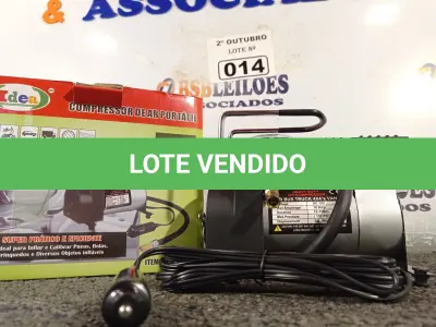 LOTE 014 - 01 MINI COMPRESSOR DE AR 12V 150 PSI. (NO ESTADO) ATENÇÃO! FAZER A VISITAÇÃO ANTES DE ARREMATAR, NÃO SABEMOS SE FUNCIONA. LEILÃO NÃO TEM GARANTIA E NEM DEVOLUÇÃO, SUJEITO A POSSÍVEIS AVARIAS VISÍVEIS/OCULTAS E/OU AUSÊNCIA DE COMPONENTES.