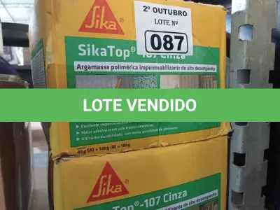 LOTE 087 - 02 CAIXAS DE SIKA TOP 107 CINZA, ARGAMASSA POLIMÉRICA DE ALTO DESEMPENHO. (NO ESTADO) ATENÇÃO! FAZER A VISITAÇÃO ANTES DE ARREMATAR, NÃO SABEMOS SE FUNCIONA. LEILÃO NÃO TEM GARANTIA E NEM DEVOLUÇÃO, SUJEITO A POSSÍVEIS AVARIAS VISÍVEIS/OCULTAS E/OU AUSÊNCIA DE COMPONENTES.