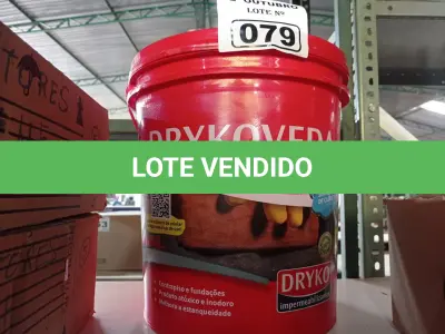 LOTE 079 - 01 BALDE DE DRYKOVEDA, ADITIVO IMPERMEABILIZANTE PARA ARGAMASSA E CONCRETO 18L. (NO ESTADO) ATENÇÃO! FAZER A VISITAÇÃO ANTES DE ARREMATAR, NÃO SABEMOS SE FUNCIONA. LEILÃO NÃO TEM GARANTIA E NEM DEVOLUÇÃO, SUJEITO A POSSÍVEIS AVARIAS VISÍVEIS/OCULTAS E/OU AUSÊNCIA DE COMPONENTES.