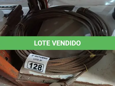 LOTE 128 - 02 ROLOS DE CABO DE AÇO 3/8” SENDO 01 COM 14 E OUTRO COM 19 METROS. (NO ESTADO) ATENÇÃO! FAZER A VISITAÇÃO ANTES DE ARREMATAR, NÃO SABEMOS SE FUNCIONA. LEILÃO NÃO TEM GARANTIA E NEM DEVOLUÇÃO, SUJEITO A POSSÍVEIS AVARIAS VISÍVEIS/OCULTAS E/OU AUSÊNCIA DE COMPONENTES.