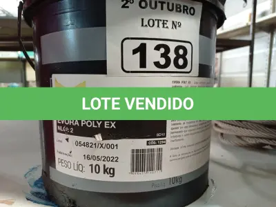 LOTE 138 - 01 BALDE DE GRAXA EVORA POLY EX NLGI:2 COM AVARIAS. (NO ESTADO) ATENÇÃO! FAZER A VISITAÇÃO ANTES DE ARREMATAR, NÃO SABEMOS SE FUNCIONA. LEILÃO NÃO TEM GARANTIA E NEM DEVOLUÇÃO, SUJEITO A POSSÍVEIS AVARIAS VISÍVEIS/OCULTAS E/OU AUSÊNCIA DE COMPONENTES.