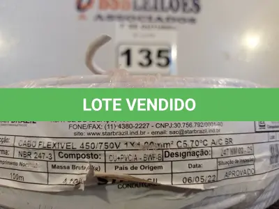 LOTE 135 - 01 ROLO DE CABO FLEXÍVEL 100M 1X 4MM NA COR BRANCA(NOVO). (NO ESTADO) ATENÇÃO! FAZER A VISITAÇÃO ANTES DE ARREMATAR, NÃO SABEMOS SE FUNCIONA. LEILÃO NÃO TEM GARANTIA E NEM DEVOLUÇÃO, SUJEITO A POSSÍVEIS AVARIAS VISÍVEIS/OCULTAS E/OU AUSÊNCIA DE COMPONENTES.