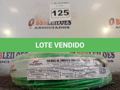 LOTE 125 - 01 ROLO DE CABO FLEXÍVEL 100M 1X 4MM NA COR VERDE(NOVO). (NO ESTADO) ATENÇÃO! FAZER A VISITAÇÃO ANTES DE ARREMATAR, NÃO SABEMOS SE FUNCIONA. LEILÃO NÃO TEM GARANTIA E NEM DEVOLUÇÃO, SUJEITO A POSSÍVEIS AVARIAS VISÍVEIS/OCULTAS E/OU AUSÊNCIA DE COMPONENTES.
