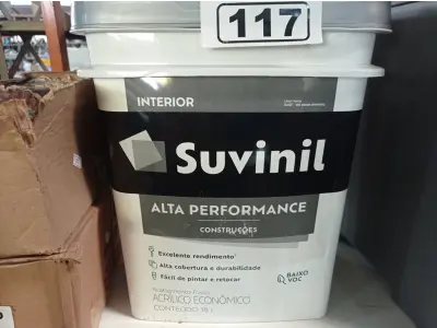 LOTE 117 - 01 BALDE DE TINTA SUVINIL INTERIORES NA COR FOSCO BRANCO 18L. (NO ESTADO) ATENÇÃO! FAZER A VISITAÇÃO ANTES DE ARREMATAR, NÃO SABEMOS SE FUNCIONA. LEILÃO NÃO TEM GARANTIA E NEM DEVOLUÇÃO, SUJEITO A POSSÍVEIS AVARIAS VISÍVEIS/OCULTAS E/OU AUSÊNCIA DE COMPONENTES.