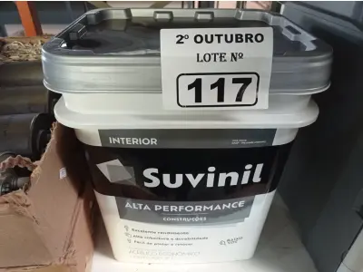 LOTE 117 - 01 BALDE DE TINTA SUVINIL INTERIORES NA COR FOSCO BRANCO 18L. (NO ESTADO) ATENÇÃO! FAZER A VISITAÇÃO ANTES DE ARREMATAR, NÃO SABEMOS SE FUNCIONA. LEILÃO NÃO TEM GARANTIA E NEM DEVOLUÇÃO, SUJEITO A POSSÍVEIS AVARIAS VISÍVEIS/OCULTAS E/OU AUSÊNCIA DE COMPONENTES.