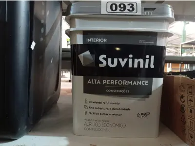 LOTE 093 - 01 BALDE DE TINTA SUVINIL INTERIORES NA COR FOSCO BRANCO 18L. (NO ESTADO) ATENÇÃO! FAZER A VISITAÇÃO ANTES DE ARREMATAR, NÃO SABEMOS SE FUNCIONA. LEILÃO NÃO TEM GARANTIA E NEM DEVOLUÇÃO, SUJEITO A POSSÍVEIS AVARIAS VISÍVEIS/OCULTAS E/OU AUSÊNCIA DE COMPONENTES.