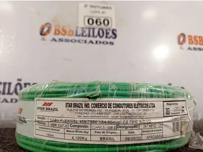LOTE 060 - 01 ROLO DE CABO FLEXÍVEL 100M 4MM NA COR VERDE. (NO ESTADO) ATENÇÃO! FAZER A VISITAÇÃO ANTES DE ARREMATAR, NÃO SABEMOS SE FUNCIONA. LEILÃO NÃO TEM GARANTIA E NEM DEVOLUÇÃO, SUJEITO A POSSÍVEIS AVARIAS VISÍVEIS/OCULTAS E/OU AUSÊNCIA DE COMPONENTES.