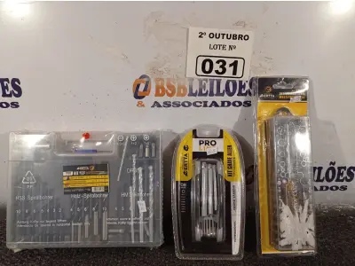 LOTE 031 - 01 KIT DE CHAVES INTERCAMBIÁVEL MULTIFUNCIONAL, 01 KIT CHAVE ALLEN TIPO CANIVETE E 01 KIT DE BROCAS. (NO ESTADO) ATENÇÃO! FAZER A VISITAÇÃO ANTES DE ARREMATAR, NÃO SABEMOS SE FUNCIONA. LEILÃO NÃO TEM GARANTIA E NEM DEVOLUÇÃO, SUJEITO A POSSÍVEIS AVARIAS VISÍVEIS/OCULTAS E/OU AUSÊNCIA DE COMPONENTES.