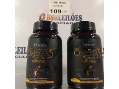 LOTE 109 - 02 FRASCOS DE OMEGA3 BIOKLEIN 1.000MG COM 120 CAPSULAS CADA. (NO ESTADO, LEILÃO NÃO TEM GARANTIA E NEM DEVOLUÇÃO, SUJEITO A POSSÍVEIS AVARIAS VISÍVEIS/OCULTAS E/OU AUSÊNCIA DE COMPONENTES).