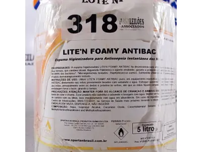 LOTE 318 - 02 GALÕES DE ESPUMA HIGIENIZADORA PARA ANTISSEPSIA INSTANTÂNEA DAS MÃOS 5L CADA. (NO ESTADO, LEILÃO NÃO TEM GARANTIA E NEM DEVOLUÇÃO, SUJEITO A POSSÍVEIS AVARIAS VISÍVEIS/OCULTAS E/OU AUSÊNCIA DE COMPONENTES).