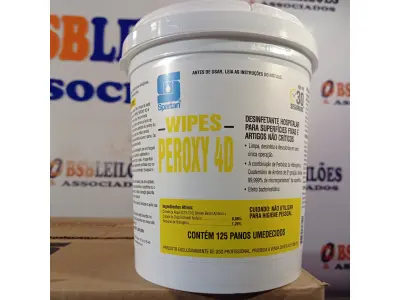 LOTE 228 - 06 BALDES DE WIPES PEROXY 40, PANOS UMEDECIDOS DESINFETANTE HOSPITALAR PARA SUPERFÍCIES FIXAS E ARTIGOS NÃO CRÍTICOS. (NO ESTADO, LEILÃO NÃO TEM GARANTIA E NEM DEVOLUÇÃO, SUJEITO A POSSÍVEIS AVARIAS VISÍVEIS/OCULTAS E/OU AUSÊNCIA DE COMPONENTES).