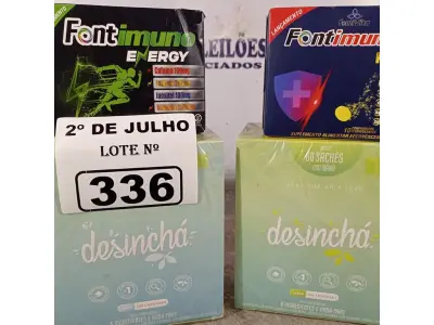LOTE 336 - 02 CAIXAS DE CHÁ, 01 CAIXA DE FONTIMUNO C6 E 01 CAIXA DE FONTIMUNO ENERGY. (NO ESTADO, LEILÃO NÃO TEM GARANTIA E NEM DEVOLUÇÃO, SUJEITO A POSSÍVEIS AVARIAS VISÍVEIS/OCULTAS E/OU AUSÊNCIA DE COMPONENTES).