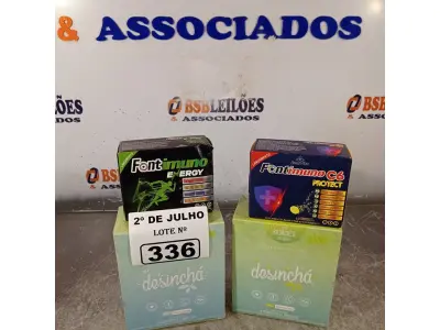 LOTE 336 - 02 CAIXAS DE CHÁ, 01 CAIXA DE FONTIMUNO C6 E 01 CAIXA DE FONTIMUNO ENERGY. (NO ESTADO, LEILÃO NÃO TEM GARANTIA E NEM DEVOLUÇÃO, SUJEITO A POSSÍVEIS AVARIAS VISÍVEIS/OCULTAS E/OU AUSÊNCIA DE COMPONENTES).