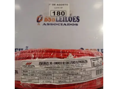 LOTE 180 - 01 ROLO DE CABO FLEXÍVEL 1X4MM NA COR VERMELHA.100 METROS (NOVO) (NO ESTADO, LEILÃO NÃO TEM GARANTIA E NEM DEVOLUÇÃO, SUJEITO A POSSÍVEIS AVARIAS VISÍVEIS/OCULTAS E/OU AUSÊNCIA DE COMPONENTES).