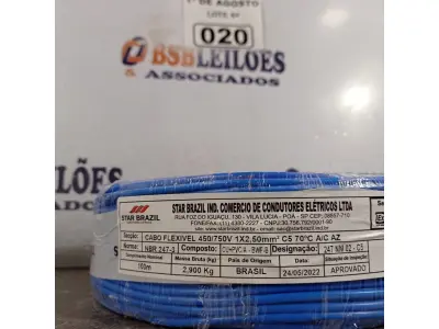 LOTE 020 - 01 ROLO DE CABO FLEXÍVEL 1X2,5MM NA COR AZUL. 100 METROS 100 METROS (NOVO)(NO ESTADO, LEILÃO NÃO TEM GARANTIA E NEM DEVOLUÇÃO, SUJEITO A POSSÍVEIS AVARIAS VISÍVEIS/OCULTAS E/OU AUSÊNCIA DE COMPONENTES).