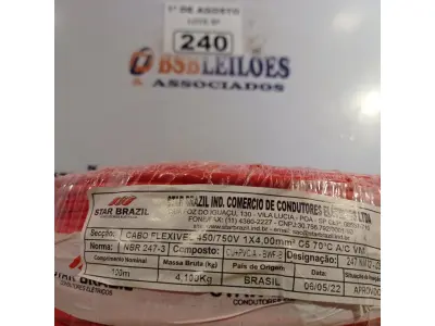 LOTE 240 - 01 ROLO DE CABO FLEXÍVEL 1X4MM NA COR VERMELHA.100 METROS (NOVO) (NO ESTADO, LEILÃO NÃO TEM GARANTIA E NEM DEVOLUÇÃO, SUJEITO A POSSÍVEIS AVARIAS VISÍVEIS/OCULTAS E/OU AUSÊNCIA DE COMPONENTES).