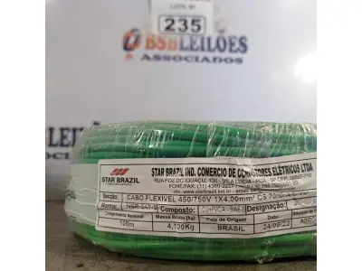 LOTE 235 - 01 ROLO DE CABO FLEXÍVEL 1X4MM NA COR VERDE. 100 METROS (NOVO)(NO ESTADO, LEILÃO NÃO TEM GARANTIA E NEM DEVOLUÇÃO, SUJEITO A POSSÍVEIS AVARIAS VISÍVEIS/OCULTAS E/OU AUSÊNCIA DE COMPONENTES).
