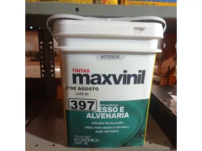 LOTE 397 - 01 BALDE DE TINTA ACRÍLICA MAXIVINIL ACRÍLICO FOSCA 18L. (NO ESTADO) ATENÇÃO! FAZER A VISITAÇÃO ANTES DE ARREMATAR, NÃO SABEMOS SE FUNCIONA. LEILÃO NÃO TEM GARANTIA E NEM DEVOLUÇÃO, SUJEITO A POSSÍVEIS AVARIAS VISÍVEIS/OCULTAS E/OU AUSÊNCIA DE COMPONENTES.
