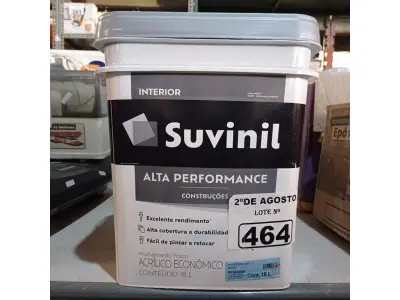 LOTE 464 - 01 BALDE DE TINTA ACRÍLICA SUVINIL INTERIORES 18L NA COR BRANCO FOSCO. (NO ESTADO) ATENÇÃO! FAZER A VISITAÇÃO ANTES DE ARREMATAR, NÃO SABEMOS SE FUNCIONA. LEILÃO NÃO TEM GARANTIA E NEM DEVOLUÇÃO, SUJEITO A POSSÍVEIS AVARIAS VISÍVEIS/OCULTAS E/OU AUSÊNCIA DE COMPONENTES).