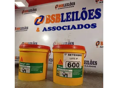 LOTE 600 - 02 BALDES DE SIKACRYL-203, SELANTE ACRÍLICO FLEXÍVEL 5KG. (NO ESTADO) ATENÇÃO! FAZER A VISITAÇÃO ANTES DE ARREMATAR, NÃO SABEMOS SE FUNCIONA. LEILÃO NÃO TEM GARANTIA E NEM DEVOLUÇÃO, SUJEITO A POSSÍVEIS AVARIAS VISÍVEIS/OCULTAS E/OU AUSÊNCIA DE COMPONENTES.