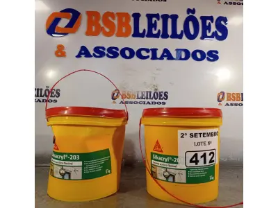 LOTE 412 - 02 BALDES DE SIKACRYL-203, SELANTE ACRÍLICO FLEXÍVEL 5KG. (NO ESTADO) ATENÇÃO! FAZER A VISITAÇÃO ANTES DE ARREMATAR, NÃO SABEMOS SE FUNCIONA. LEILÃO NÃO TEM GARANTIA E NEM DEVOLUÇÃO, SUJEITO A POSSÍVEIS AVARIAS VISÍVEIS/OCULTAS E/OU AUSÊNCIA DE COMPONENTES.