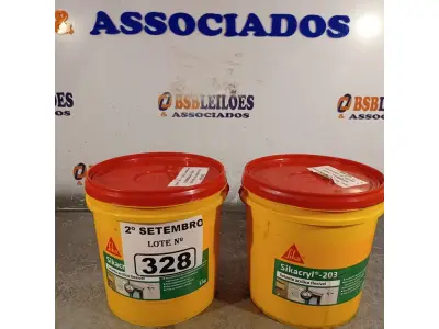 LOTE 328 - 02 BALDES DE SIKACRYL-203, SELANTE ACRÍLICO FLEXÍVEL 5KG. (NO ESTADO) ATENÇÃO! FAZER A VISITAÇÃO ANTES DE ARREMATAR, NÃO SABEMOS SE FUNCIONA. LEILÃO NÃO TEM GARANTIA E NEM DEVOLUÇÃO, SUJEITO A POSSÍVEIS AVARIAS VISÍVEIS/OCULTAS E/OU AUSÊNCIA DE COMPONENTES.