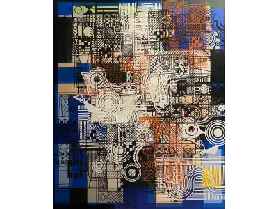 LOTE 005 - ROBERTO BURLE MARX - 1986 - "PANNEUX". TINTA GRÁFICA SOBRE TECIDO MONTADO EM ESTRUTURA DE MADEIRA (CHASSI), COM MOLDURA BAGUETE DE CEDRO. ASSINADO E DATADO NO C.I.D. OBRA MED.122X102 (NO ESTADO)