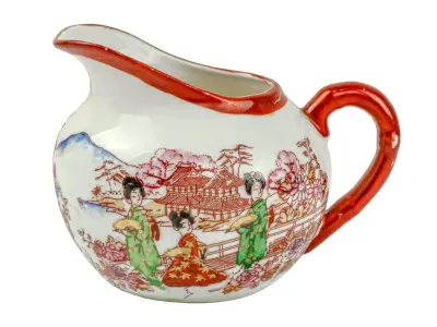 LOTE 177 - LINDO JOGO DE CHÁ IMPORTADO MADE IN JAPAN  ORIENTAL PINTADA À MÃO, COM CENAS DE GUEIXAS EM PAISAGEM LACUSTRE E NO VERSO COM VISTA DO MONTE KILIMANJARO, FILETADA NA TONALIDADE TERRACOTA. TOTAL DE 11 PEÇAS (NO ESTADO)