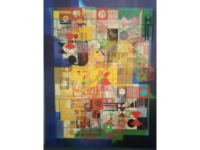 LOTE 271 - QUADRO DE ROBERTO BURLE MARX - "PANNEUX". TINTA GRÁFICA SOBRE TECIDO ESTRUTURA DE MADEIRA MOLDURA BAGUETE DE CEDRO. ASSINADO E DATADO NO C.I.D. OBRA MED. 129 X 1.10CM (NO ESTADO)