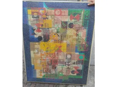 LOTE 271 - QUADRO DE ROBERTO BURLE MARX - "PANNEUX". TINTA GRÁFICA SOBRE TECIDO ESTRUTURA DE MADEIRA MOLDURA BAGUETE DE CEDRO. ASSINADO E DATADO NO C.I.D. OBRA MED. 129 X 1.10CM (NO ESTADO)