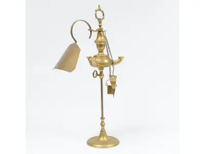 LOTE 294 - RARA LAMPARINA DE MESA EM METAL AMARELO COM PARA VENTO E APAGADOR. ALT 37 CM.(NO ESTADO)