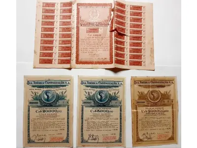 LOTE 596 - APÓLICE REPÚBLICA DOS ESTADOS UNIDOS DO BRASIL Nº 105095 C(NO ESTADO) RIO DE JANEIRO - POSSUI CUPONS BENS CONSERVADO E SUL AMÉRICA CAPITALIZAÇÃO - TÍTULO AO PORTADOR CR$ 5.000,00 (NO ESTADO)