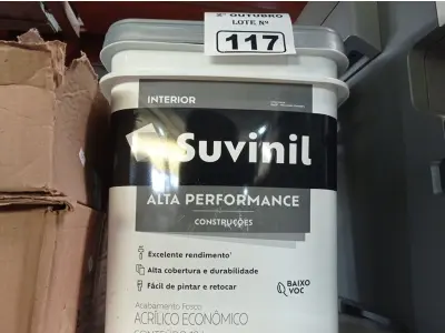 LOTE 117 - 01 BALDE DE TINTA SUVINIL INTERIORES NA COR FOSCO BRANCO 18L. (NO ESTADO) ATENÇÃO! FAZER A VISITAÇÃO ANTES DE ARREMATAR, NÃO SABEMOS SE FUNCIONA. LEILÃO NÃO TEM GARANTIA E NEM DEVOLUÇÃO, SUJEITO A POSSÍVEIS AVARIAS VISÍVEIS/OCULTAS E/OU AUSÊNCIA DE COMPONENTES.