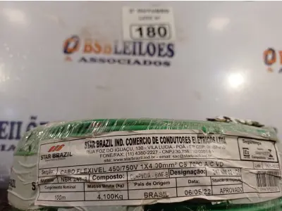 LOTE 180 - 01 ROLO DE CABO FLEXÍVEL 100M 4MM NA COR VERDE. (NO ESTADO) ATENÇÃO! FAZER A VISITAÇÃO ANTES DE ARREMATAR, NÃO SABEMOS SE FUNCIONA. LEILÃO NÃO TEM GARANTIA E NEM DEVOLUÇÃO, SUJEITO A POSSÍVEIS AVARIAS VISÍVEIS/OCULTAS E/OU AUSÊNCIA DE COMPONENTES.